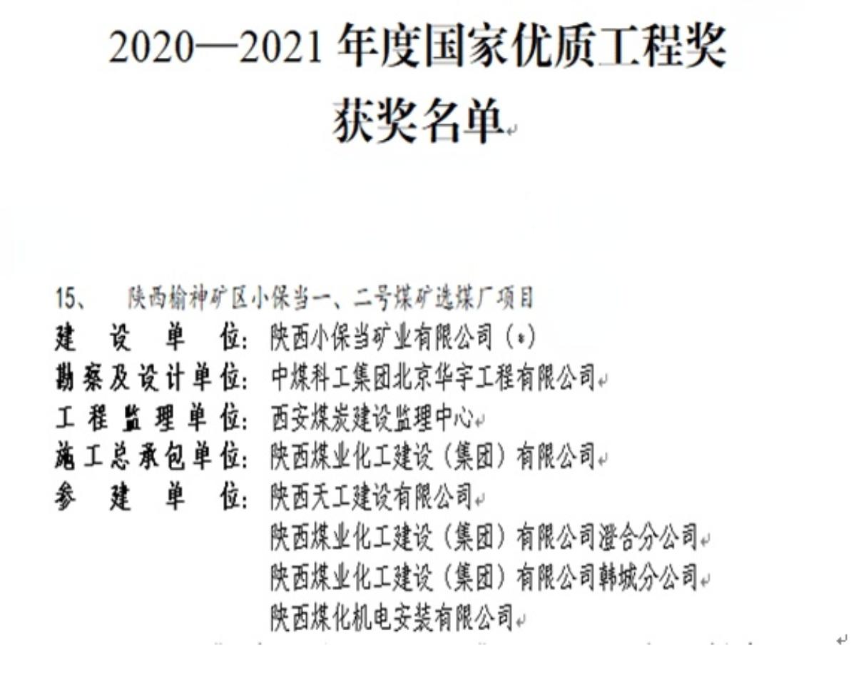 喜訊！陜煤建設一項工程斬獲國家優質工程獎